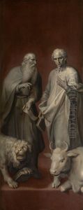 De evangelisten Marcus en Lucas (rechterbuitenluik van het altaar van het Sint-Lucasgilde) by Maarten Pepyn