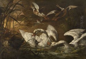 Zwanen in een plas, opvliegende eenden en links op de oever twee honden by Nicasius Bernaerts