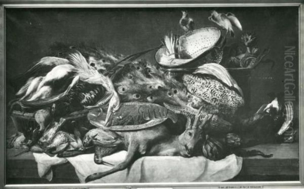Still life with game, birds and a lobster on a table - view 1