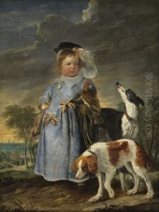 Portrait of a boy with a falcon and two dogs by Erasmus Quellinus II