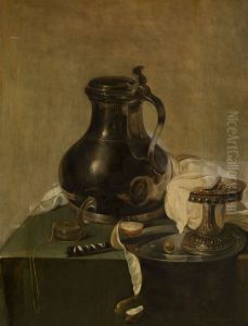 Stilleven met tinnen kruik by Jan Jansz Den Uyl