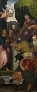 De HH. Lucas en Paulus voor de proconsul van Caesarea (rechterluik van het altaar van het Sint-Lucasgilde) by Otto van Veen