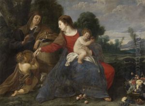 Mary with child, Saint Elizabeth and John the Baptist in a landscape by Theodoor Rombouts