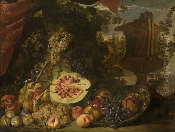 Fruit still life of pumpkin, melon, grapes, peaches and pomegranates; right a garden vase, left a sarcophagus - view 1
