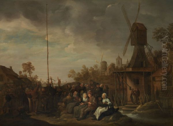 Boerengezelschap in een landschap bij een wedstrijd gaaischieten - view 1
