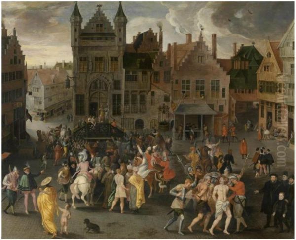 Passion play on the city square in Antwerp - view 1