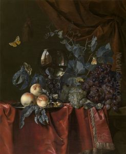 Still life of fruits and a wineglass on a tablecloth
