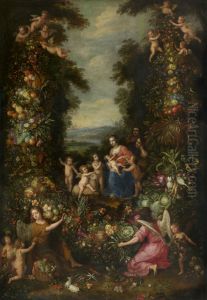 Heilige Familie en de kleine Johannes de Doper in een guirlande met bloemen, groenten en fruit by Pieter Van Avont