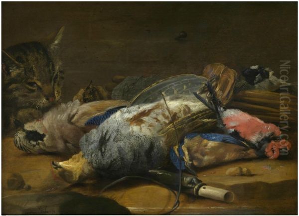 Cat and dead fowl - view 1