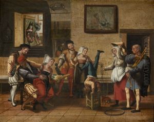 Interior of a tavern with an acrobat and a bagpipe player by Jan van Amstel