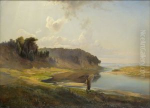 Landscape with a river and angler