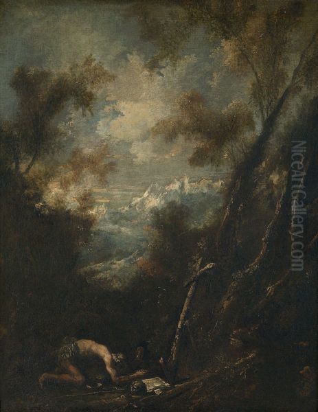 Heilige Hieronymus van Betlehem in een landschap - view 1