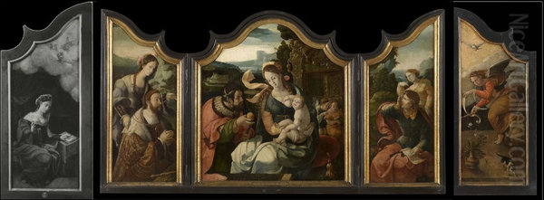 Graaf Hendrik III van Nassau als keizer Augustus met de Tiburtijnse Sibille (links), de H. Familie (midden), Johannes de Evangelist op Patmos (rechts) - view 1
