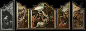 Graaf Hendrik III van Nassau als keizer Augustus met de Tiburtijnse Sibille (links), de H. Familie (midden), Johannes de Evangelist op Patmos (rechts)