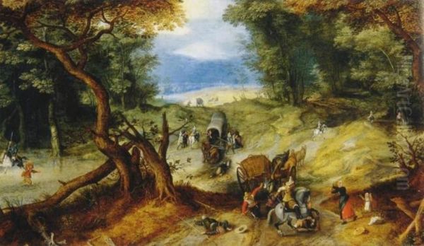 Wooded landscape with a robbery on a forestpath - view 1