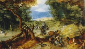 Wooded landscape with a robbery on a forestpath by Jan Brughel
