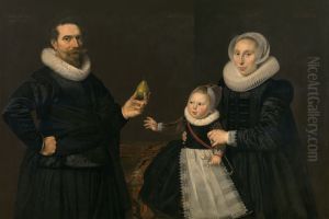 Portrait of a 43-year old man with wife and child by Cornelis van der Voort