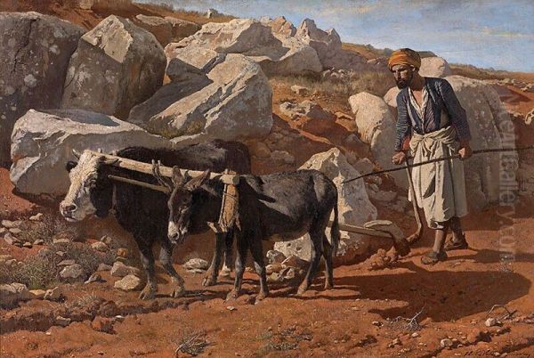 Ox and donkey with fellah - view 1