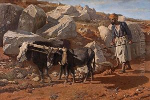 Ox and donkey with fellah by Charles Verlat