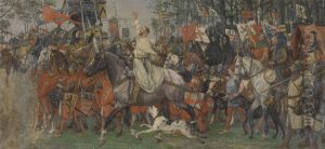 De Bruggelingen keren zegevierend terug van de Guldensporenslag by Albrecht De Vriendt