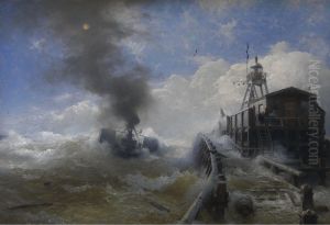 Ein Schlepper verlasst den Hafen von Ostende bei Flut