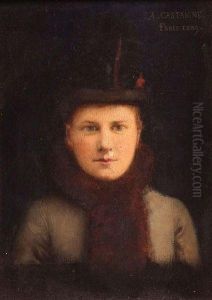 Head And Shoulders Portrait Of A Young Womanwearing A Grey Coat by Jean Andre Castaigne