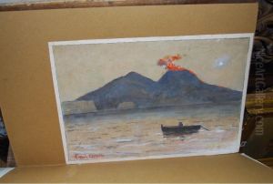View Of Mount Vesuvius Erupting With A Figure In A Boat In The Foreground, Signed by Francesco Coppola Castaldo