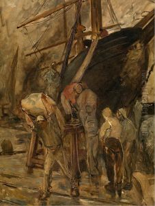 Unloading of a sailboat. by Constantin Meunier