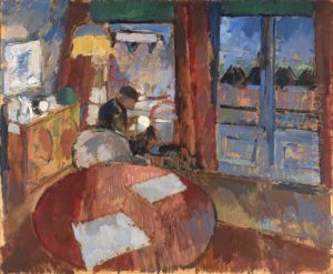 Interieur met borduurster by Rik Wouters