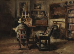 Het atelier van Ferdinand De Braekeleer I, vader van de kunstenaar by Henri de Braekeleer