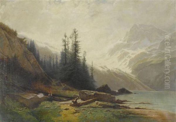 Mountain Landscape With Lake Shore - view 1