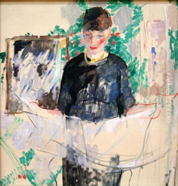 Woman in Black Reading a Newspaper - view 1