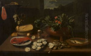 Stilleven van kreeft, oesters, kaas en artisjokken in een koelvat by Jacob van Es