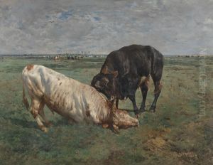 Two Young Bulls Fighting by Alfred Verwee