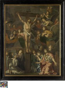 Christus aan het kruis omringd door engelen by Charles Le Brun