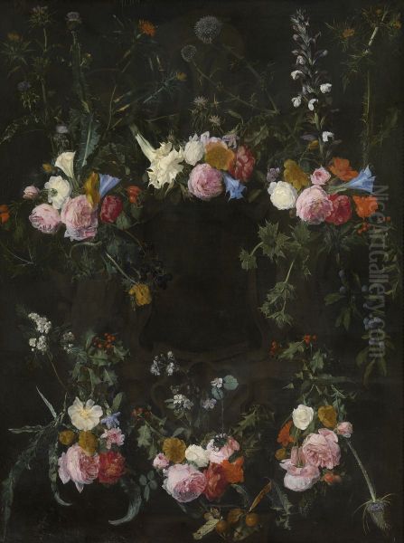 Sculpted cartouche adorned with flowergarlands - view 1