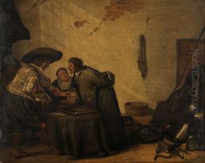 Company playing backgammon in an interior by Pieter Codde