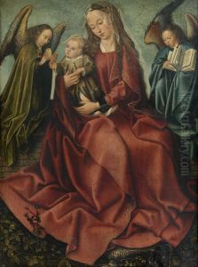 Maria met kind en twee engelen by Master Of Frankfurt