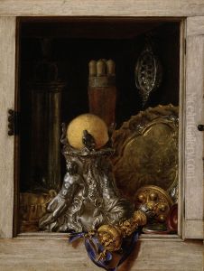 Trompe l'oeil of an open cupboard with precious vessels Trompe l'oeil of an open cupboard with precious vessels