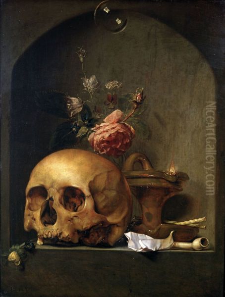 Vanitasstilleven van een schedel, een vaasje met bloemen en rookgerei in een nis - view 1