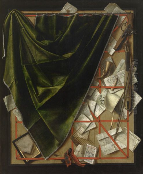 Trompe l'oeil of a qoudlibet with violin, pistol and curtain to the left - view 1