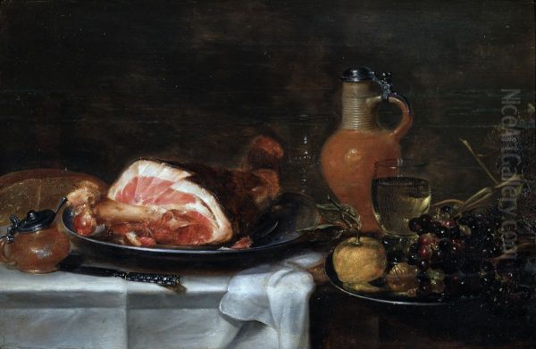 Stilleven van een ham, een kruik, een mosterdpot, een schaal met vruchten en een roemer - view 1