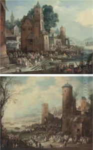 A Capriccio Harbour Scene With Market Tents And Street Theatre,boats Docking In The Foreground;