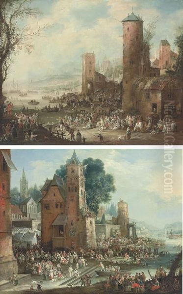 A Harbour Scene With A Marketplace; And A Harbour Scene With Markettents And Street Theatre, Boats Docking In The Foreground - view 1