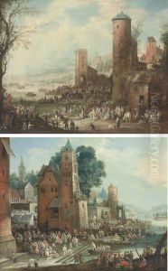 A Harbour Scene With A Marketplace; And A Harbour Scene With Markettents And Street Theatre, Boats Docking In The Foreground by Petrus Casteels