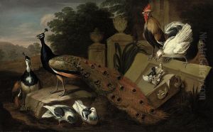 A Male And A Female Peacock, Two Doves, A Rooster, A Hen With Itschicks, And A Patridge Amongst Antique Vases And Ruins In A Landscape