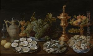 Still life with oysters, fruit, sweets and costly vessels by Jacob van Es