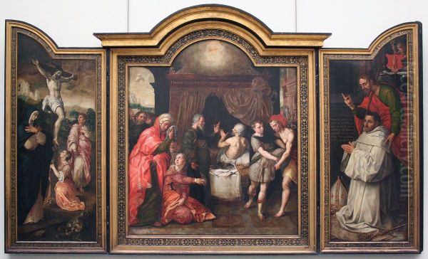 The Crucifixion (left wing), The Prophecy of the Recovery of Hezekiah (central panel), Abbot Jacob Delrio with Patron Saint (right wing), The Raising of Lazarus (grisaille, back side of the outer wings) - view 1
