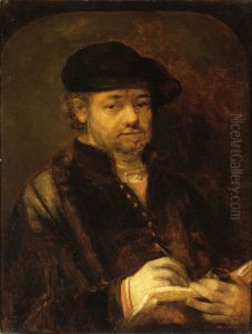 Self-portrait with pen, inkpot and sketchbook by Rembrandt