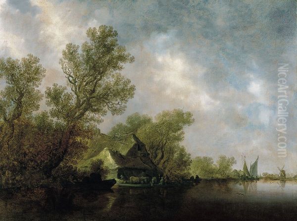 River Landscape with Ferry and cottages - view 1